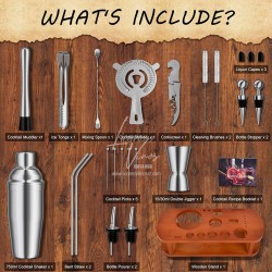 Set Cocteleria Plateado con base madera