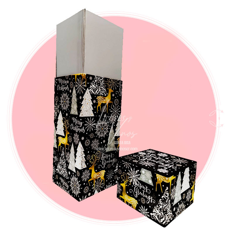 Caja Negra y Plateado con estampado Navideño para Una Botella de Licor o Vino