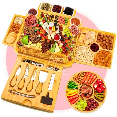 Tabla Jumbo Premium de Bambu con 4 tablas deslizantes, 1 plato para frutas, 5 platos de ceramica y accesorios