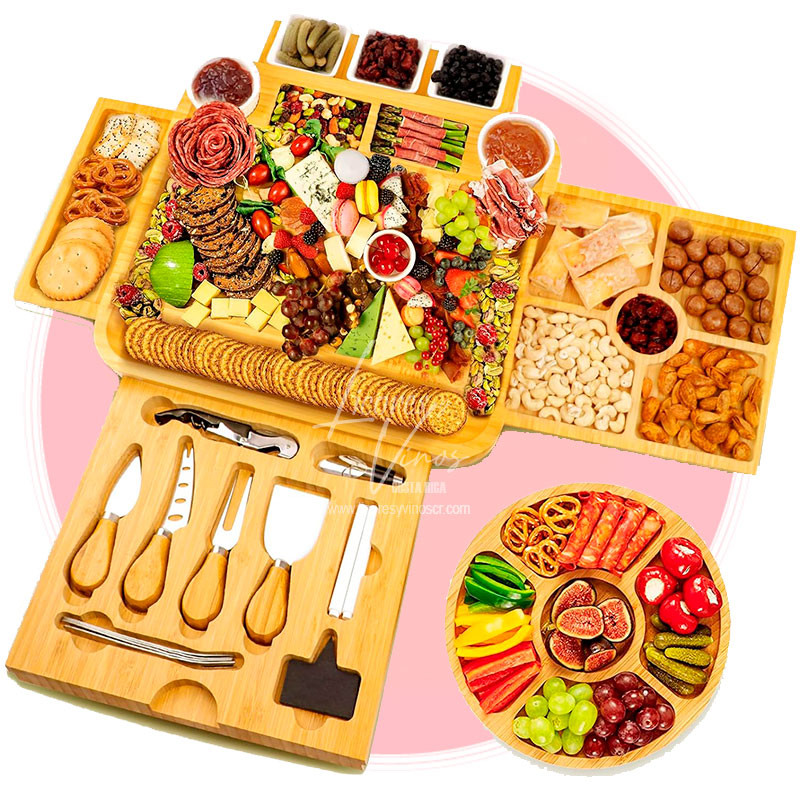 Tabla Jumbo Premium de Bambu con 4 tablas deslizantes, 1 plato para frutas, 5 platos de ceramica y accesorios Tabla Jumbo Premium de Bambu con 4 tablas deslizantes, 1 plato para frutas, 5 platos de ceramica y accesorios