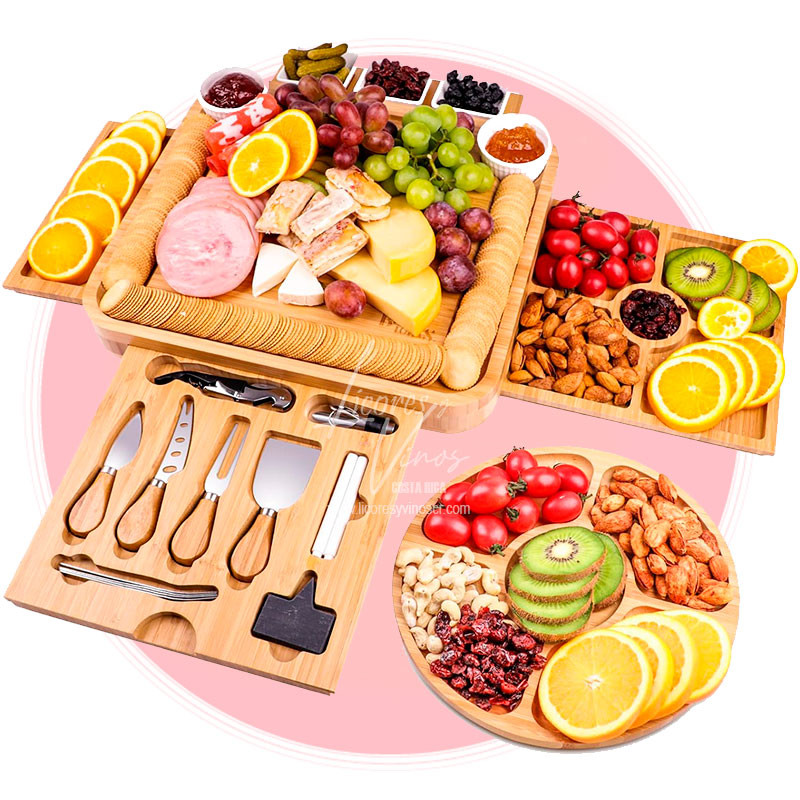 Tabla Jumbo Premium de Bambu con 4 tablas deslizantes, 1 plato para frutas, 5 platos de ceramica y accesorios Tabla Jumbo Premium de Bambu con 4 tablas deslizantes, 1 plato para frutas, 5 platos de ceramica y accesorios