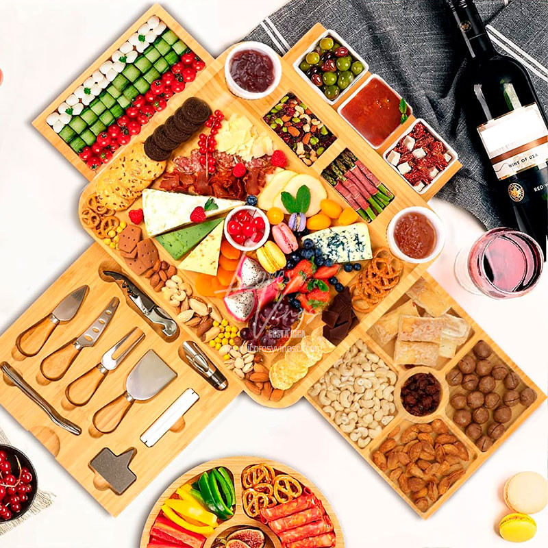 Tabla Jumbo Premium de Bambu con 4 tablas deslizantes, 1 plato para frutas, 5 platos de ceramica y accesorios Tabla Jumbo Premium de Bambu con 4 tablas deslizantes, 1 plato para frutas, 5 platos de ceramica y accesorios