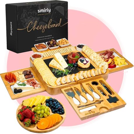 Tabla Jumbo Premium de Bambu con 4 tablas deslizantes, 1 plato para frutas, platos de ceramica, marmol y accesorios