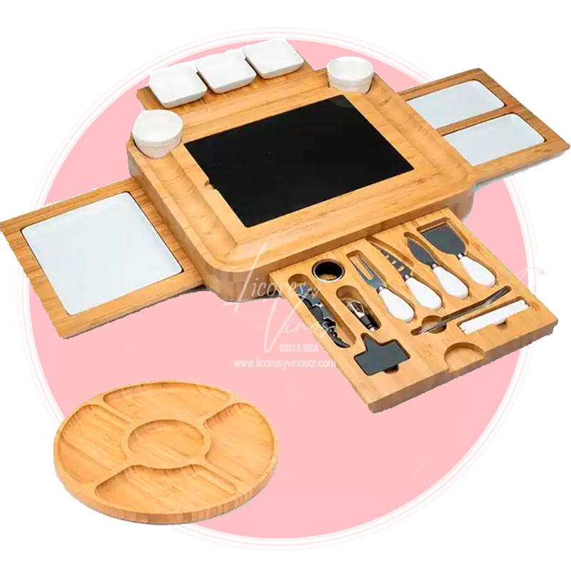 Tabla Jumbo Premium de Bambu con 4 tablas deslizantes, 1 plato para frutas, platos de ceramica, marmol y accesorios Tabla Jumbo Premium de Bambu con 4 tablas deslizantes, 1 plato para frutas, platos de ceramica, marmol y accesorios