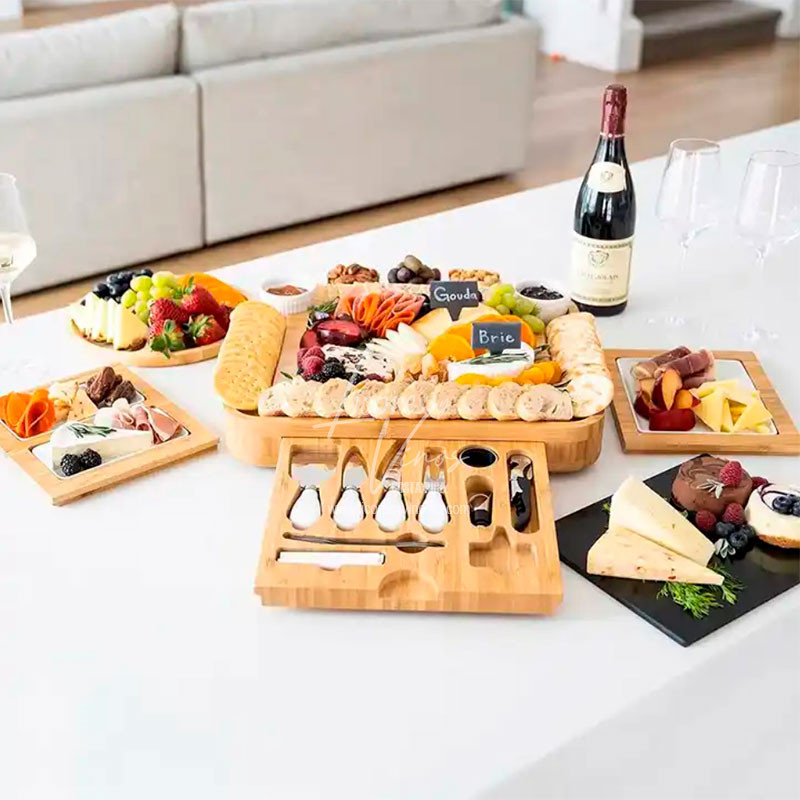 Tabla Jumbo Premium de Bambu con 4 tablas deslizantes, 1 plato para frutas, platos de ceramica, marmol y accesorios Tabla Jumbo Premium de Bambu con 4 tablas deslizantes, 1 plato para frutas, platos de ceramica, marmol y accesorios