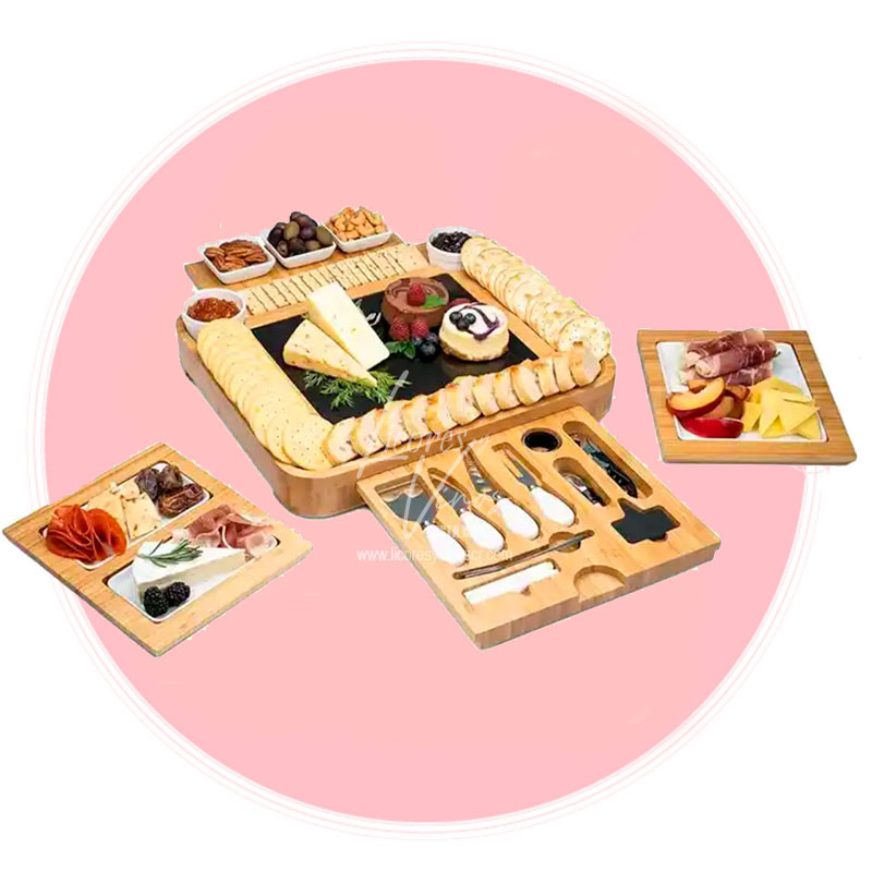 Tabla Jumbo Premium de Bambu con 4 tablas deslizantes, 1 plato para frutas, platos de ceramica, marmol y accesorios Tabla Jumbo Premium de Bambu con 4 tablas deslizantes, 1 plato para frutas, platos de ceramica, marmol y accesorios