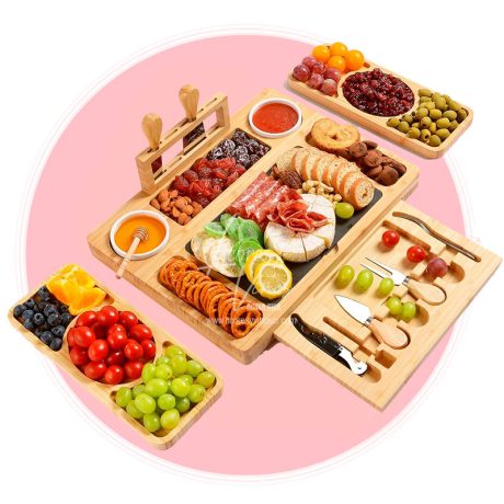 Tabla Rectangular con Plato negro en piedra, 2 platos rectangulares y 1 tabla deslizante con accesorios