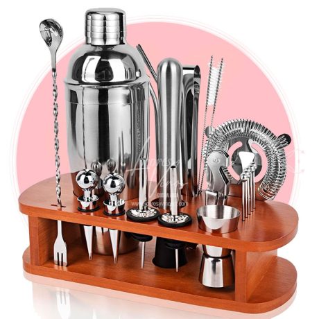 Set Cocteleria Plateado con base madera